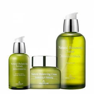 Set Hidratant cu Control Sebum in 3 pasi The Skin House Natural Balancing Toner, Ser si Crema de Fata